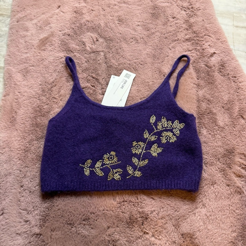 Zara Purple Crop Top with Gold Floral Design